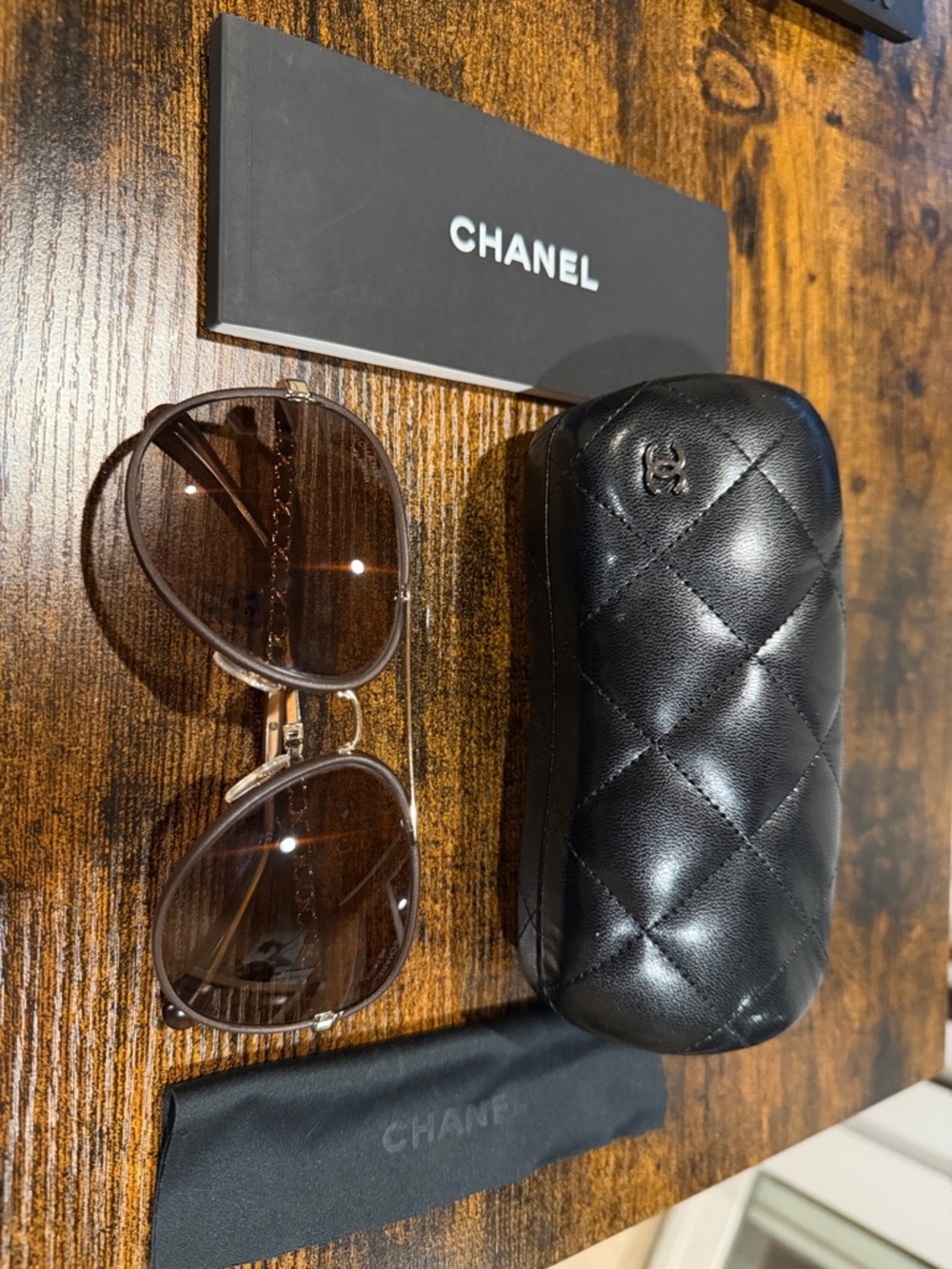 RARE Authentic CHANEL leather polarized aviator Sunglasses w Brown gradient Lens - Picture 6 of 10